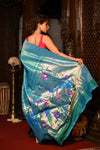 Exclusive Premium ! Mahalakshmi ~ Handloom Pure Silk Muniya Border Tissue Paithani with Peacock Pallu in Azure Blue