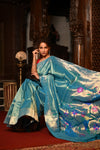 Exclusive Premium ! Mahalakshmi ~ Handloom Pure Silk Muniya Border Tissue Paithani with Peacock Pallu in Azure Blue