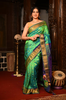  Mahalakshmi ~ Handloom Pure Silk Maharani Paithani with Maharani Pallu in Dual Tone Green Blue