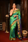 Mahalakshmi ~ Handloom Pure Silk Maharani Paithani with Maharani Pallu in Dual Tone Green Blue
