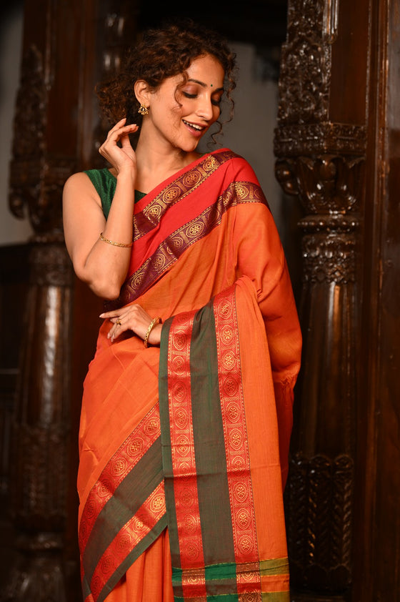 Mahalakshmi ~ Designer Cotton Saree in Orange with Ganga Jamuna Border