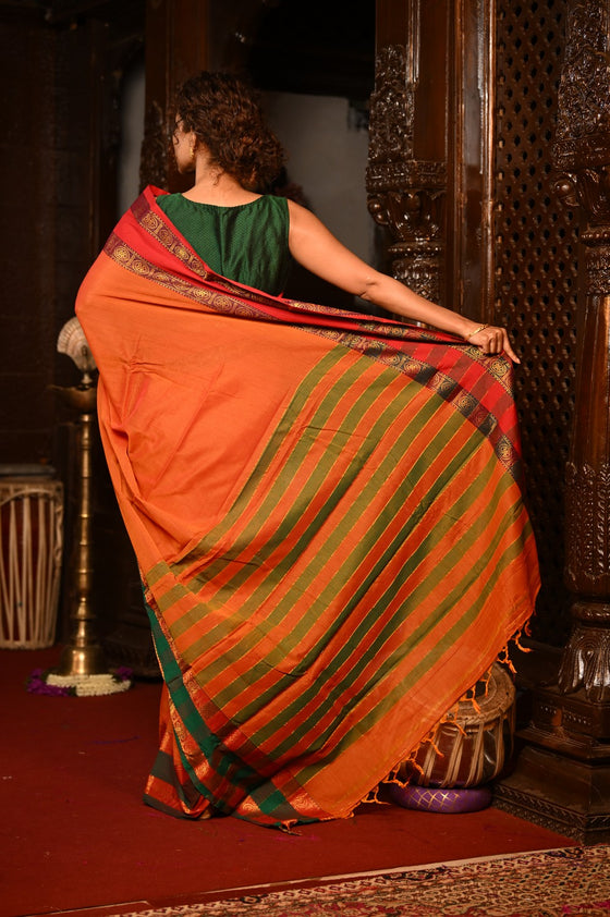 Mahalakshmi ~ Designer Cotton Saree in Orange with Ganga Jamuna Border