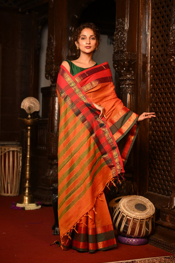 Mahalakshmi ~ Designer Cotton Saree in Orange with Ganga Jamuna Border