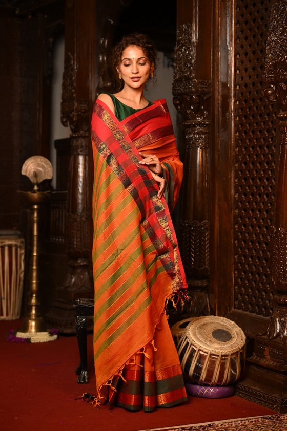 Mahalakshmi ~ Designer Cotton Saree in Orange with Ganga Jamuna Border