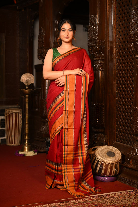 Mahalakshmi ~ Designer Cotton Saree in Red with Orange Border