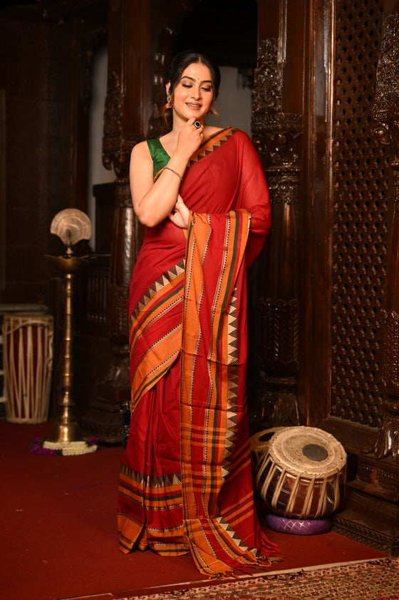 Mahalakshmi ~ Designer Cotton Saree in Red with Orange Border