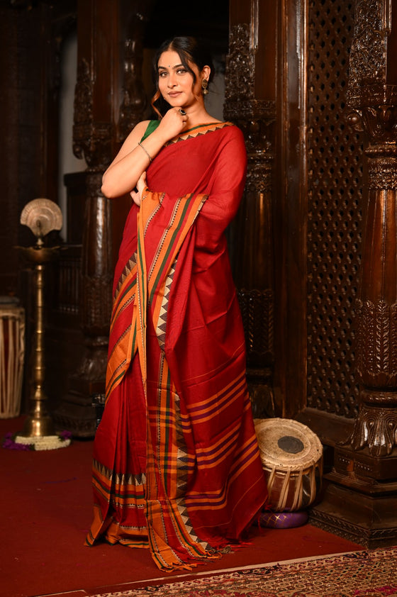 Mahalakshmi ~ Designer Cotton Saree in Red with Orange Border