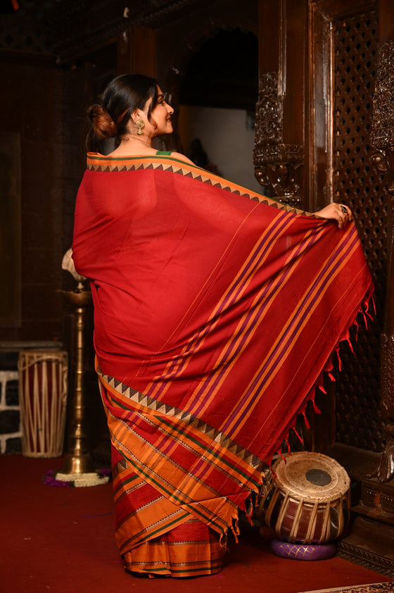 Mahalakshmi ~ Designer Cotton Saree in Red with Orange Border