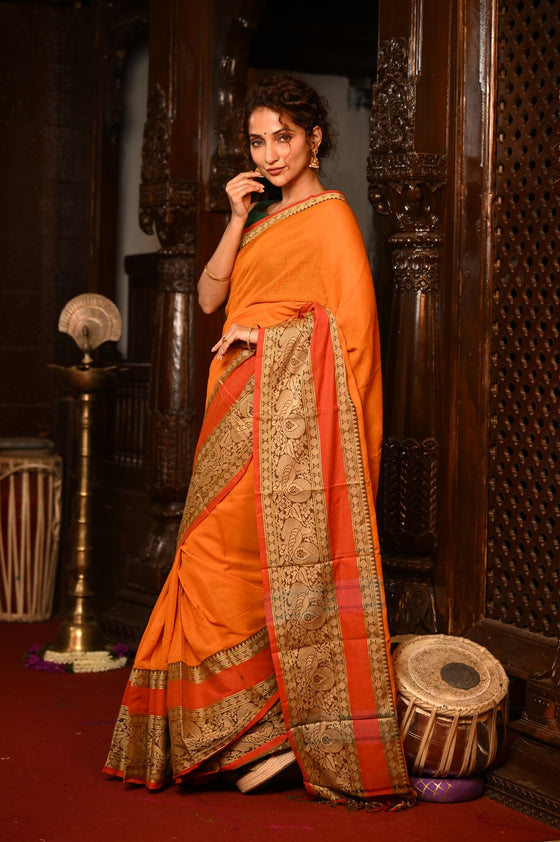 Mahalakshmi ~ Designer Cotton Saree in Orange with Beige Designer Border
