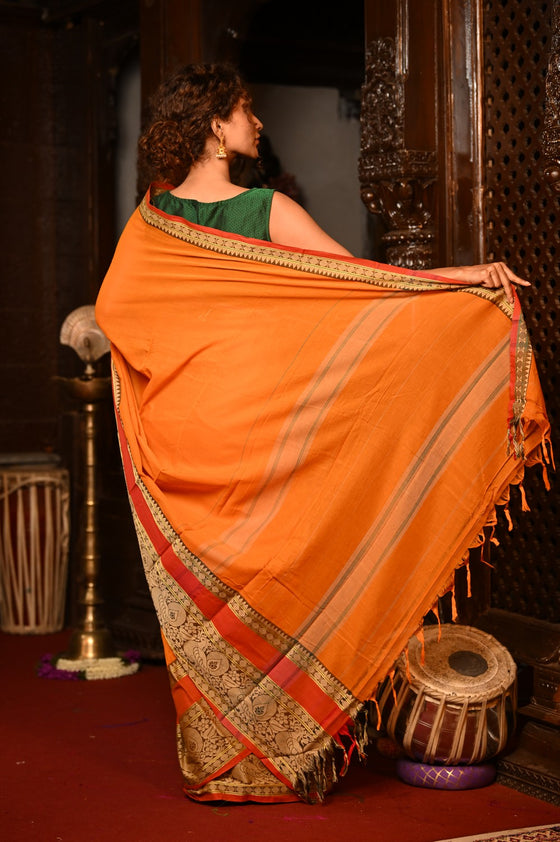 Mahalakshmi ~ Designer Cotton Saree in Orange with Beige Designer Border
