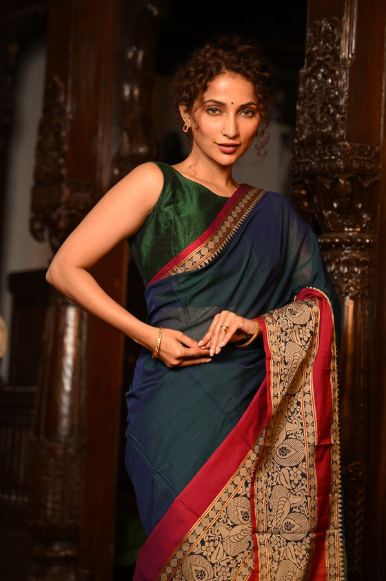 Mahalakshmi ~ Designer Cotton Saree in Peacock Blue with Beige Designer Border