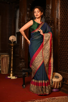  Mahalakshmi ~ Designer Cotton Saree in Peacock Blue with Beige Designer Border