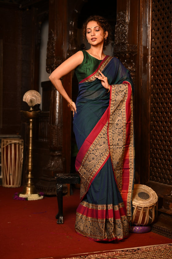 Mahalakshmi ~ Designer Cotton Saree in Peacock Blue with Beige Designer Border