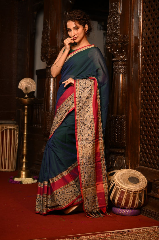 Mahalakshmi ~ Designer Cotton Saree in Peacock Blue with Beige Designer Border