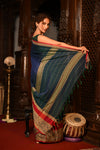 Mahalakshmi ~ Designer Cotton Saree in Peacock Blue with Beige Designer Border