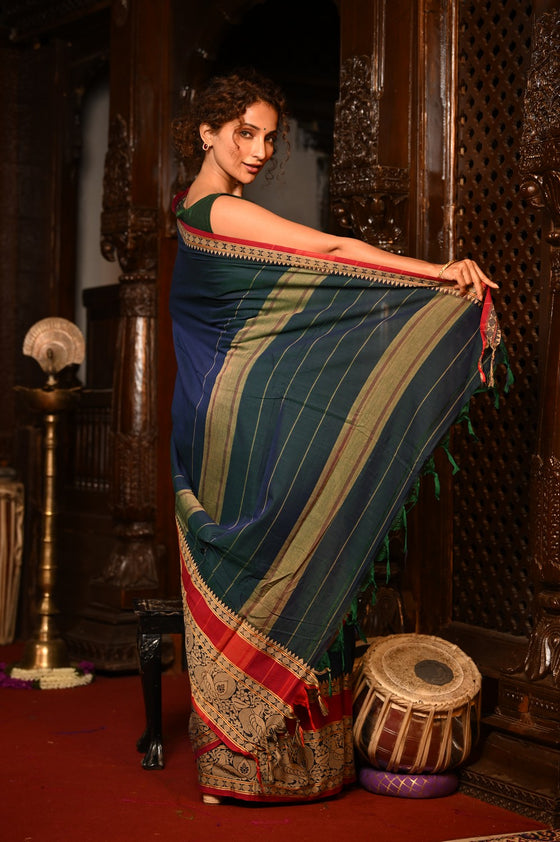 Mahalakshmi ~ Designer Cotton Saree in Peacock Blue with Beige Designer Border