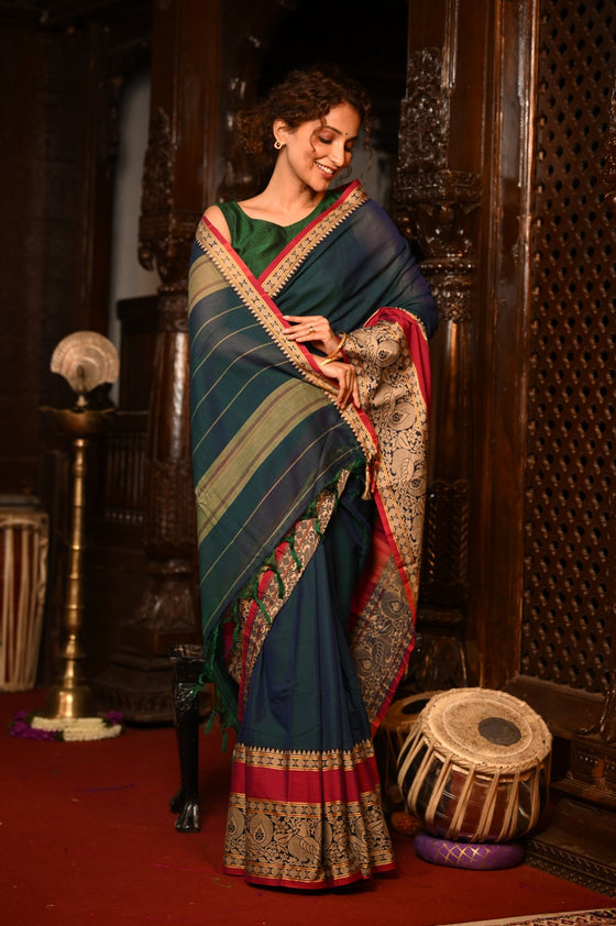 Mahalakshmi ~ Designer Cotton Saree in Peacock Blue with Beige Designer Border