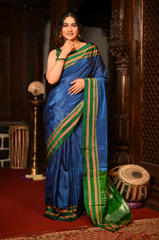 Mahalakshmi ~ Traditional Handloom Blue Ilkal Cotton Viscose with Royal Green Pallu