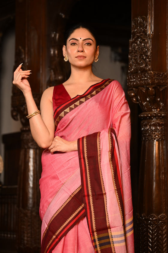 Mahalakshmi ~ Designer Cotton Saree in Rose PInk with Maroon Border