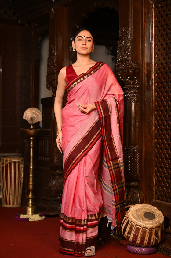 Mahalakshmi ~ Designer Cotton Saree in Rose PInk with Maroon Border