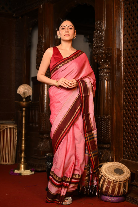 Mahalakshmi ~ Designer Cotton Saree in Rose PInk with Maroon Border