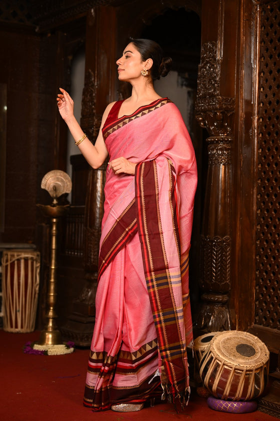 Mahalakshmi ~ Designer Cotton Saree in Rose PInk with Maroon Border
