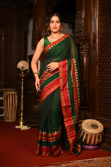  Mahalakshmi ~ Designer Cotton Saree in Dark Green with Red Border