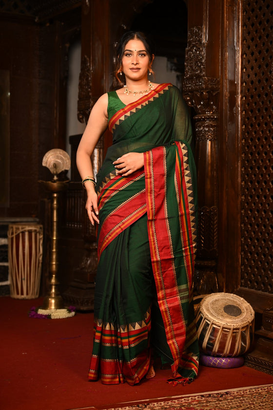 Mahalakshmi ~ Designer Cotton Saree in Dark Green with Red Border