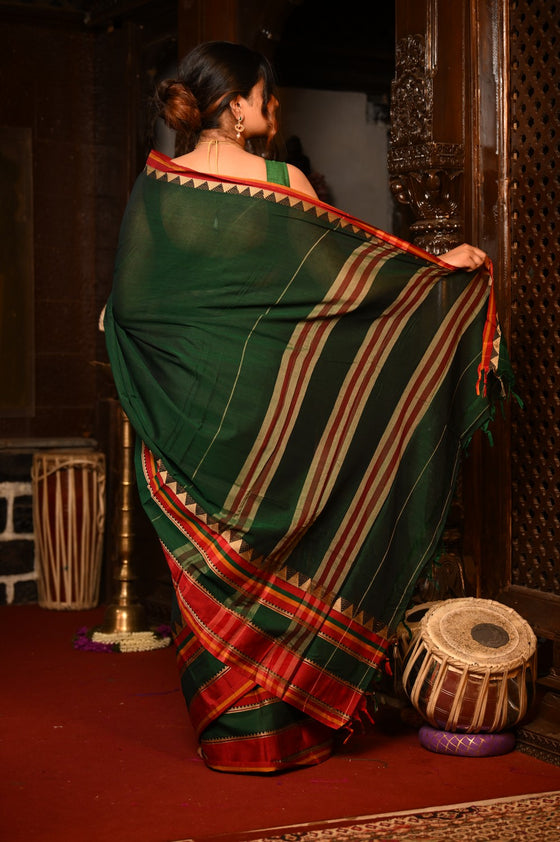 Mahalakshmi ~ Designer Cotton Saree in Dark Green with Red Border