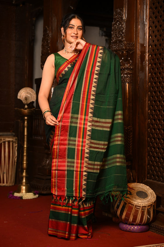 Mahalakshmi ~ Designer Cotton Saree in Dark Green with Red Border