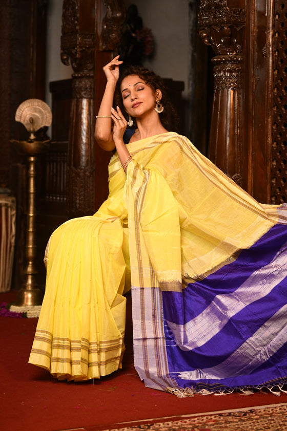 Mahalakshmi ~ Traditional Handloom Yellow Ilkal Cotton Viscose with Purple Pallu