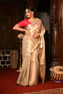  Mahalakshmi Premium ~ Viscose Tissue Saree with Hand-Embroidered Gota Patti in Diamond Beige