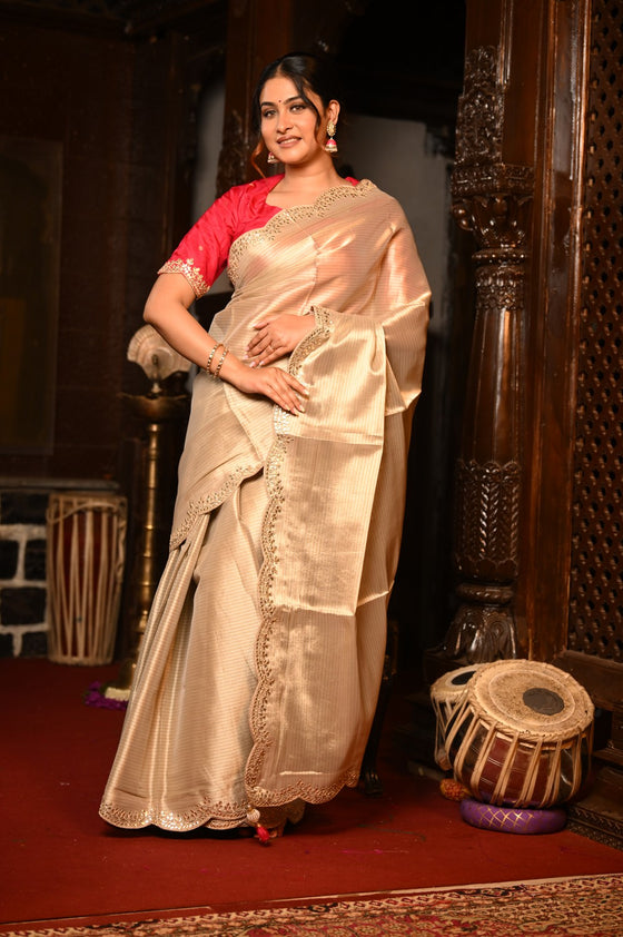 Mahalakshmi Premium ~ Viscose Tissue Saree with Hand-Embroidered Gota Patti in Diamond Beige