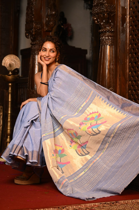 Mahalakshmi ~ Handloom Pure Cotton Paithani in Lavender with Lotus Pallu