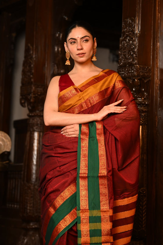 Mahalakshmi ~ Designer Cotton Saree in Maroon with Ganga Jamuna