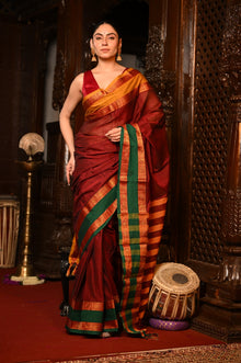  Mahalakshmi ~ Designer Cotton Saree in Maroon with Ganga Jamuna