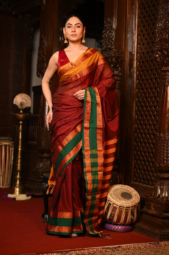 Mahalakshmi ~ Designer Cotton Saree in Maroon with Ganga Jamuna