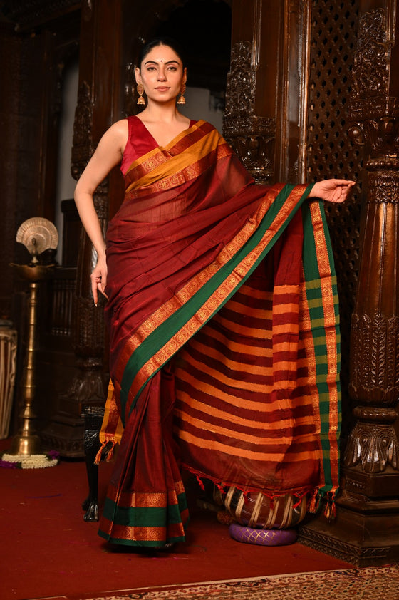 Mahalakshmi ~ Designer Cotton Saree in Maroon with Ganga Jamuna