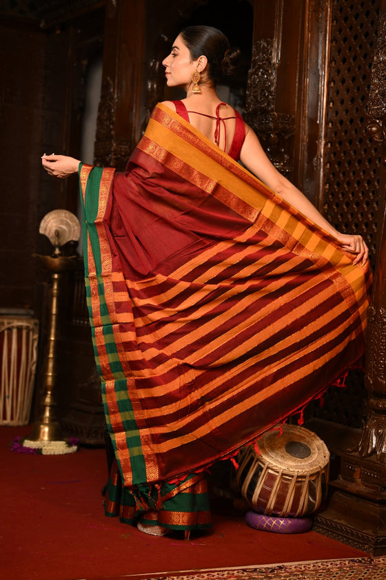 Mahalakshmi ~ Designer Cotton Saree in Maroon with Ganga Jamuna