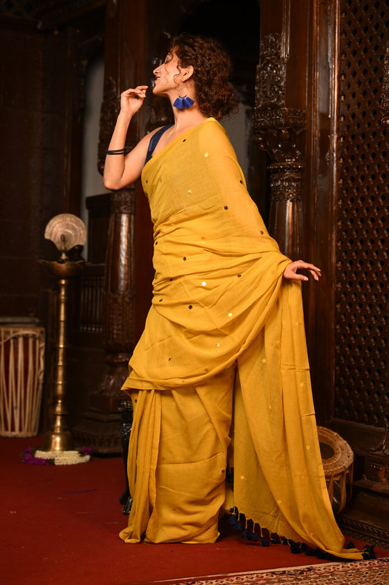 Mahalakshmi ~ Pure Mul Cotton Handloom Saree with Sequin ~ Yellow