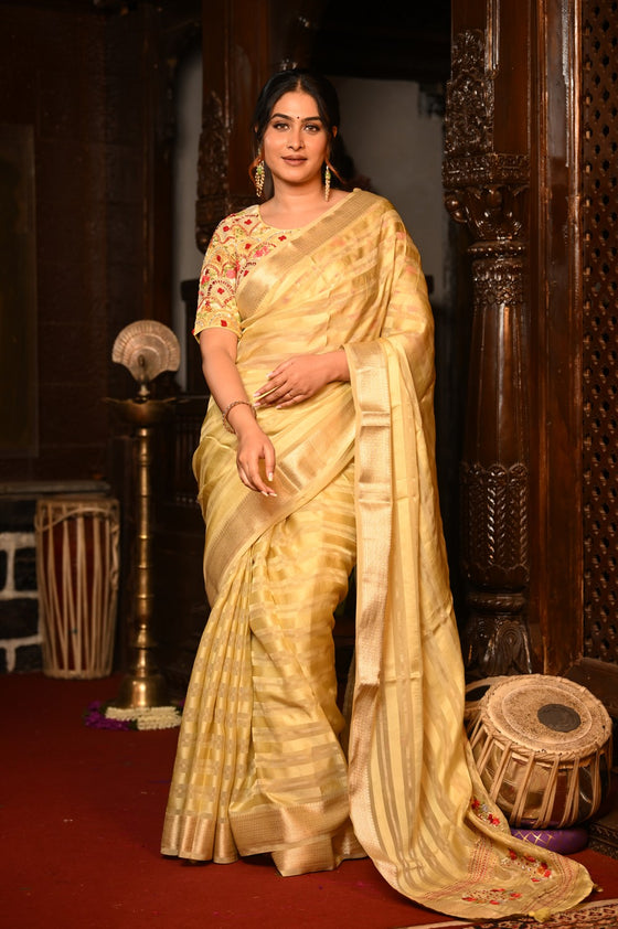 Mahalakshmi Premium ~ Viscose Tissue Saree with Hand-Embroidered Kantha Work in Beige Yellow
