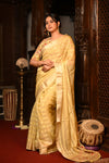 Mahalakshmi Premium ~ Viscose Tissue Saree with Hand-Embroidered Kantha Work in Beige Yellow
