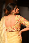 Mahalakshmi Premium ~ Viscose Tissue Saree with Hand-Embroidered Kantha Work in Beige Yellow