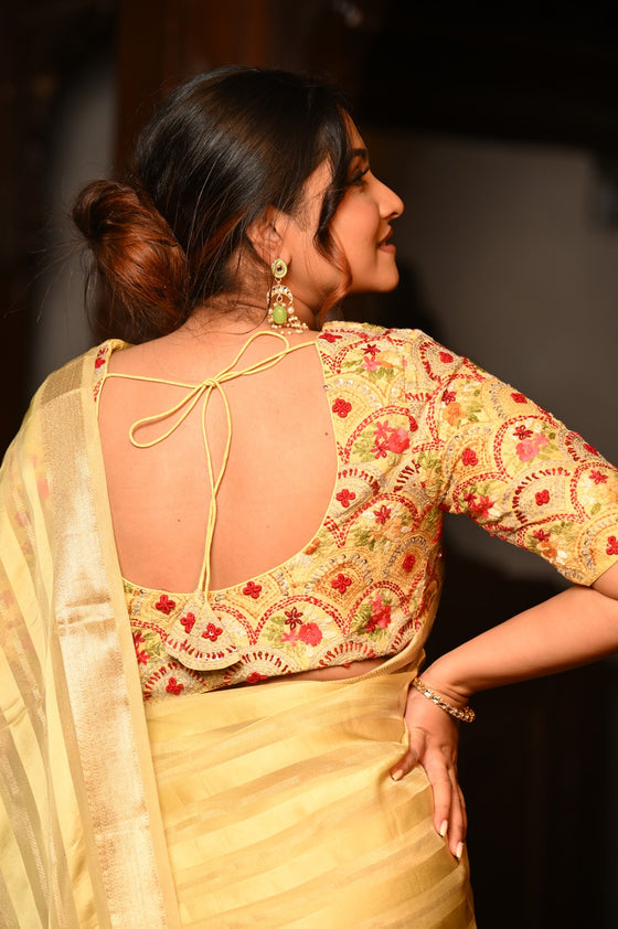 Mahalakshmi Premium ~ Viscose Tissue Saree with Hand-Embroidered Kantha Work in Beige Yellow