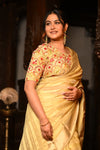 Mahalakshmi Premium ~ Viscose Tissue Saree with Hand-Embroidered Kantha Work in Beige Yellow