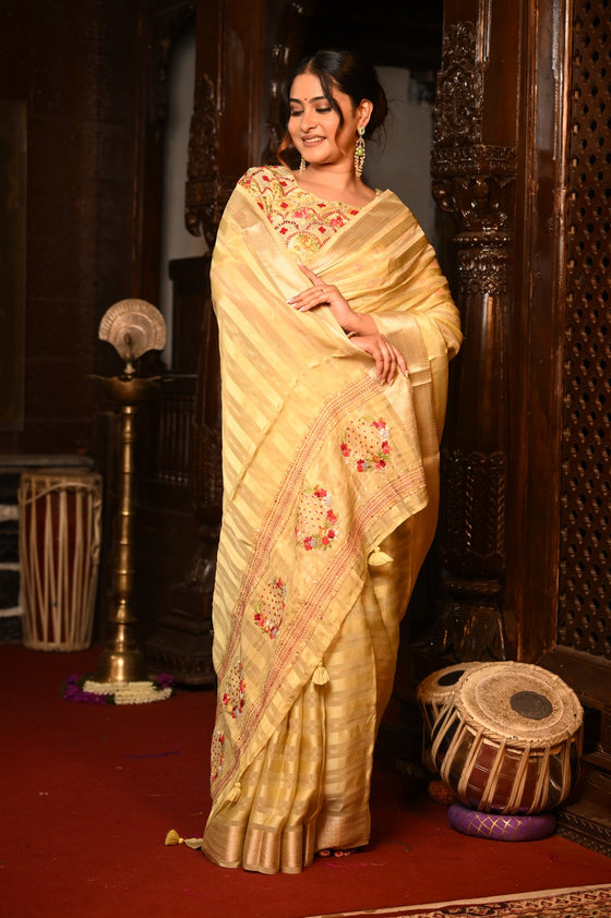 Mahalakshmi Premium ~ Viscose Tissue Saree with Hand-Embroidered Kantha Work in Beige Yellow