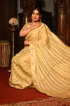 Mahalakshmi Premium ~ Viscose Tissue Saree with Hand-Embroidered Kantha Work in Beige Yellow
