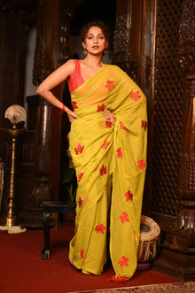 Mahalakshmi ~ Pure Mul Cotton Handloom Saree with Beautiful Floral Handpaint ~ Yellow