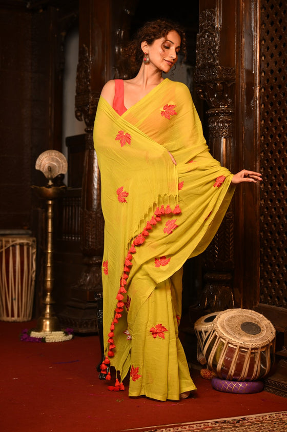 Mahalakshmi ~ Pure Mul Cotton Handloom Saree with Beautiful Floral Handpaint ~ Yellow