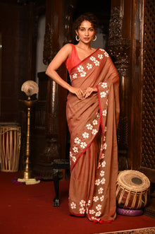  Mahalakshmi ~ Pure Mul Cotton Handloom Saree with Beautiful Floral Handpaint ~ Rusty Orange